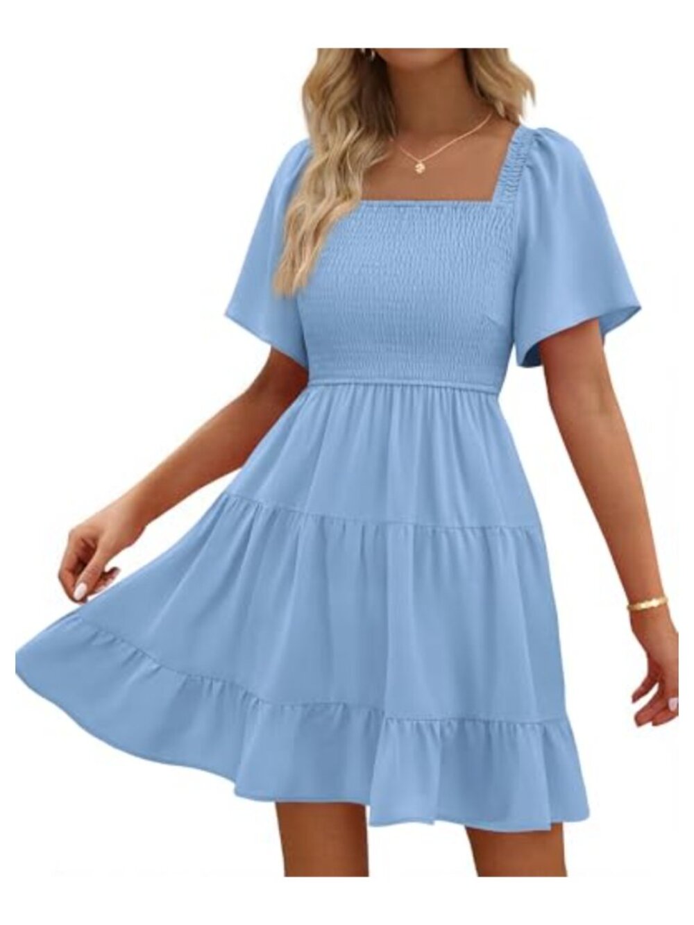 Women's Square Neck Flutter Sleeve Smocked Mini Dress with Pockets